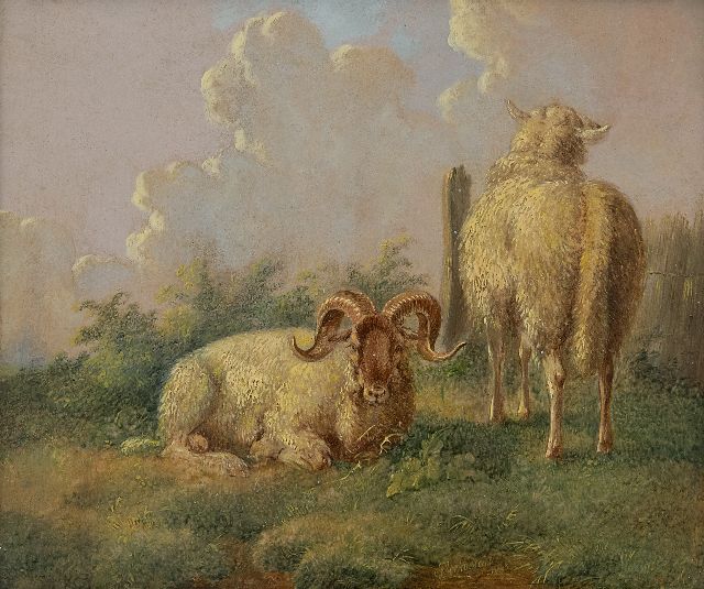 Verhoesen A.  | Ram en ooi in zomerse weide, olieverf op paneel 14,5 x 16,5 cm, gesigneerd r.v.h.m. en gedateerd 1845