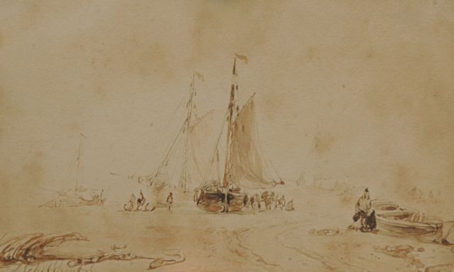 Andreas Schelfhout | Vissers en bomschuiten op het strand, sepia op papier, 9,0 x 14,0 cm, gesigneerd l.o.