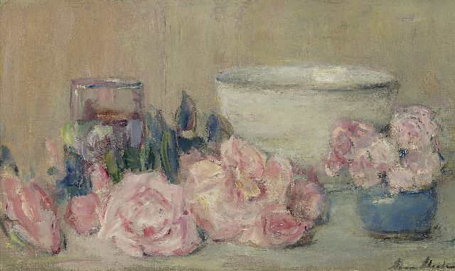 Anna Abrahams | Stilleven van roze rozen, olieverf op doek, 30,5 x 50,0 cm, gesigneerd r.o.