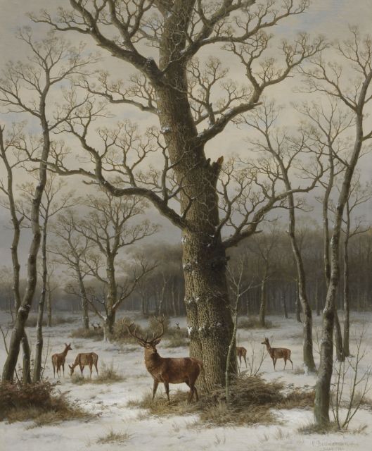 Bimmermann C.  | Besneeuwd eikenbos met hert en hindes, olieverf op doek 94,3 x 77,1 cm, gesigneerd r.o. en gedateerd 'Dldf. 1886'