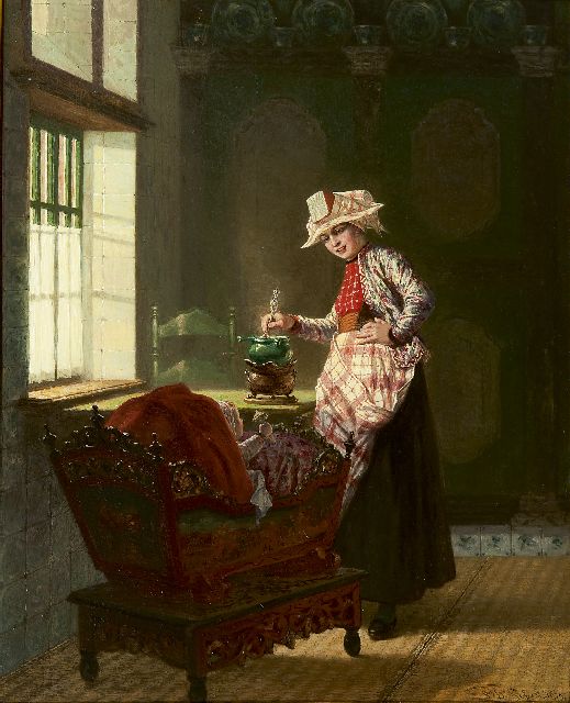 Pieter Willem Sebes | Hindelooper interieur met moeder en kind, olieverf op paneel, 55,9 x 45,3 cm, gesigneerd r.o. en gedateerd 1879