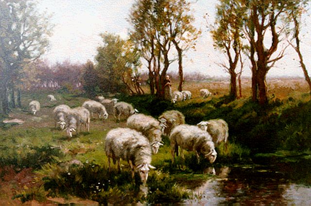 Johannes Karel Leurs | Herderin met kudde schapen, olieverf op doek, 47,5 x 67,5 cm, gesigneerd r.o.