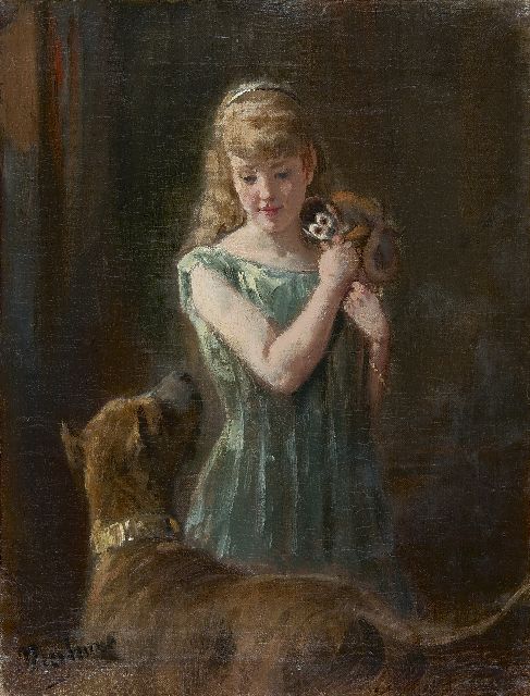 Otto Eerelman | Meisje met aapje en hond, olieverf op doek, 32,1 x 24,6 cm, gesigneerd l.o.