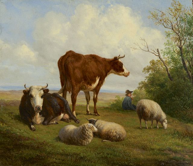 Hendrikus van de Sande Bakhuyzen | Landschap met herder en vee, olieverf op paneel, 26,2 x 30,1 cm