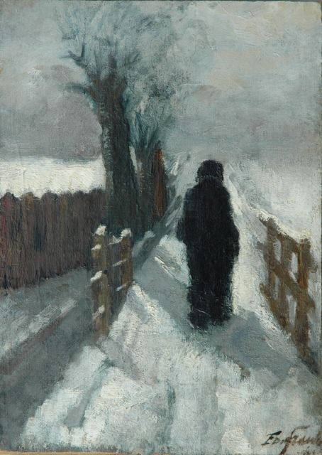 Eduard Frankfort | Wandelaar in de sneeuw, olieverf op doek op paneel, 39,7 x 28,4 cm, gesigneerd r.o.