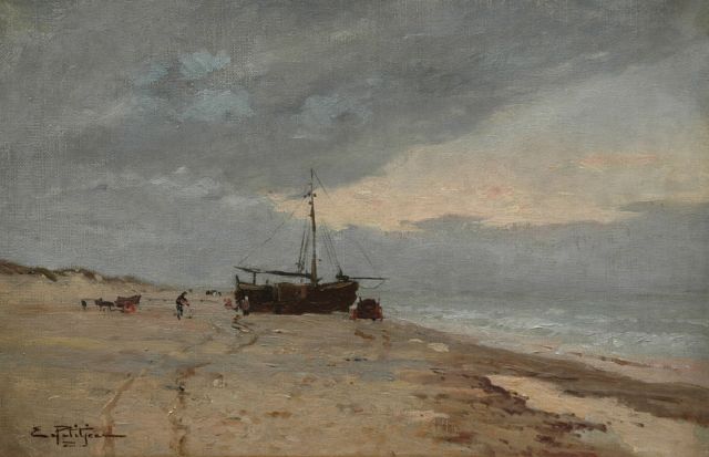 Edmond Marie Petitjean | Vissersschuit op Hollands strand bij vallende avond, olieverf op doek, 31,0 x 47,0 cm, gesigneerd l.o.