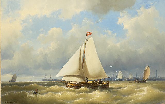 Jan H.B. Koekkoek | Zeilende boeier voor het havenfront van Amsterdam, olieverf op doek, 59,9 x 93,3 cm, gesigneerd l.o.