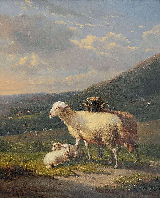 Frans van Severdonck | Ram met schaap en lammeren in heuvellandschap, olieverf op paneel, 30,8 x 25,8 cm
