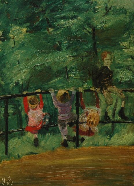 Duitse School | Spelende kinderen in de Hofgarten, Düsseldorf, olieverf op doek op board, 26,7 x 20,0 cm, gesigneerd gesigneerd 'g.c.' en gedateerd '90