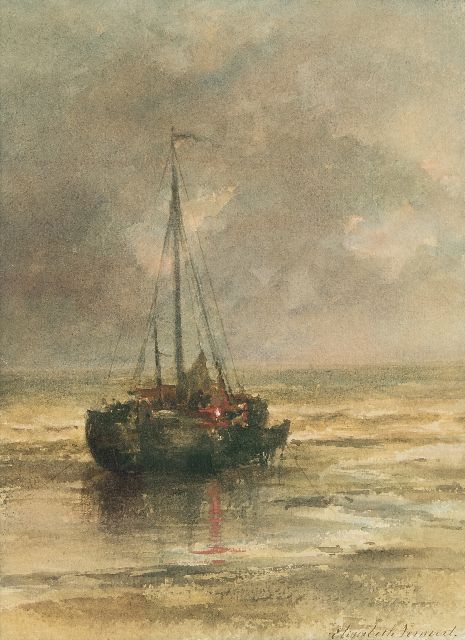 Elisabeth Verwoert | Bomschuit voor anker voor het strand, aquarel op papier, 29,8 x 22,2 cm, gesigneerd r.o.