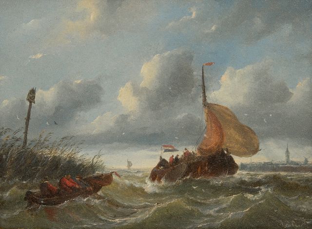 Albertus van Beest | Boeier in woelige haveningang, olieverf op paneel, 23,5 x 33,6 cm, gesigneerd r.o.