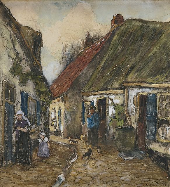 Willem de Zwart | Dorpsstraatje, houtskool, aquarel en gouache op papier, 28,0 x 30,6 cm, gesigneerd r.o.