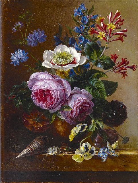 Elisabeth Johanna Koning | Pronkstilleven op marmeren plint, olieverf op paneel, 35,1 x 26,7 cm, gesigneerd l.o. en gedateerd 1841