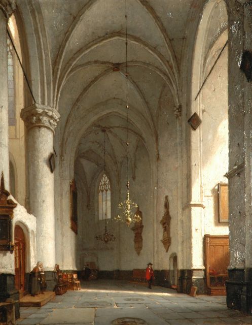 Jan Jacob Schenkel | Kerkinterieur met invallend zonlicht, olieverf op paneel, 57,3 x 44,5 cm, gesigneerd r.o.