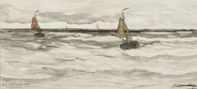 Hendrik Willem Mesdag | Terugkerende bomschuiten, pen en inkt en aquarel op papier, 20,6 x 43,2 cm, gesigneerd r.o. en gedateerd 21 februarij 1902
