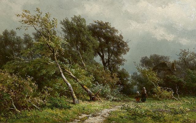 Jan Willem van Borselen | Hout sprokkelen na de storm, olieverf op paneel, 22,5 x 35,3 cm, gesigneerd l.o. en gedateerd 1870