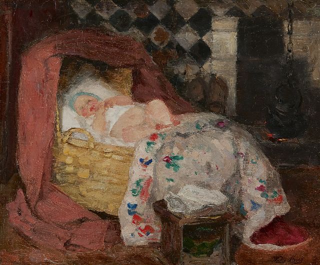 Wally Moes | Larens interieur met baby in wieg, olieverf op doek, 34,7 x 41,3 cm, gesigneerd r.o.