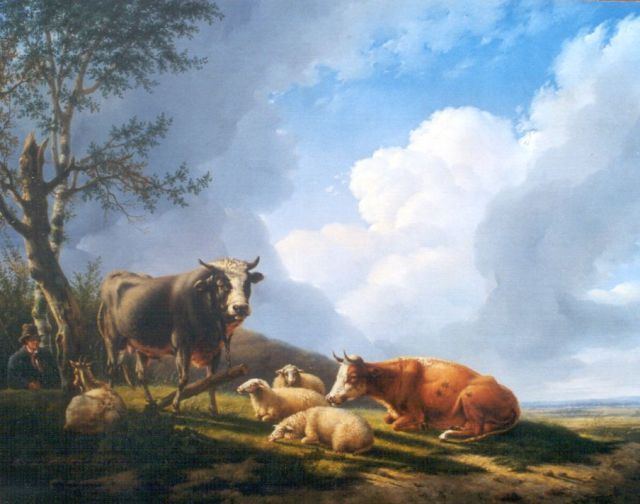 Hagenbeek Ch.  | Rustend vee met herder, olieverf op doek 89,2 x 118,7 cm, gesigneerd met monogram op flank stier en op boomstam