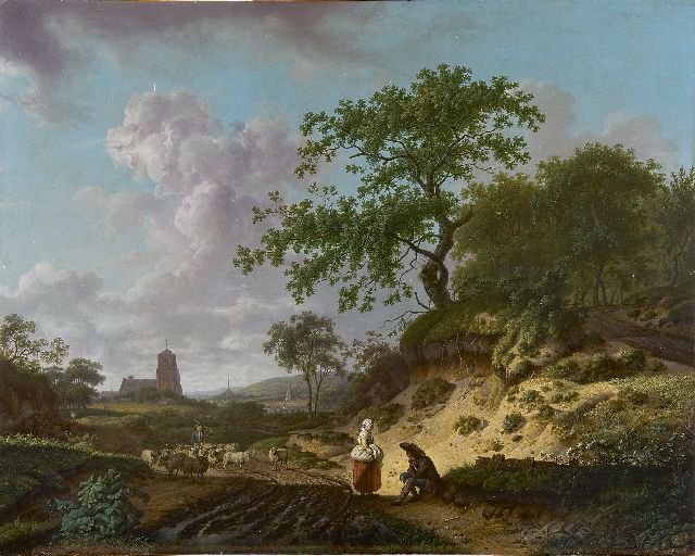 Schweickhardt H.W.  | Heuvellandschap met landvolk en herder met schapen, olieverf op paneel 50,6 x 63,8 cm, gesigneerd l.o.