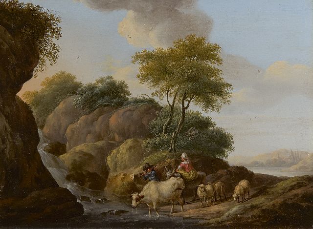 Dionys van Dongen | Landschap met herders en vee, olieverf op paneel, 22,5 x 30,3 cm, gesigneerd r.o. en gedateerd 1779