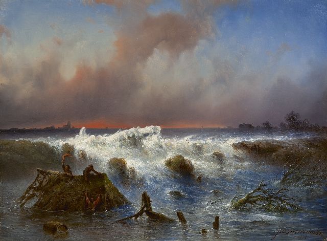 Johannes Hilverdink | De dijkdoorbraak in de Grebbedijk op 5 maart 1855, olieverf op paneel, 37,1 x 50,1 cm, gesigneerd r.o. en gedateerd 1855