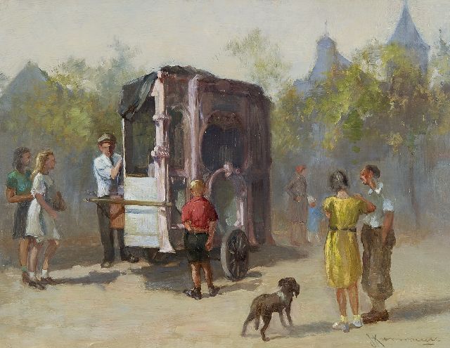 Johhan Hendrik Kaemmerer | Het draaiorgel, olieverf op paneel, 21,6 x 27,8 cm, gesigneerd r.o.