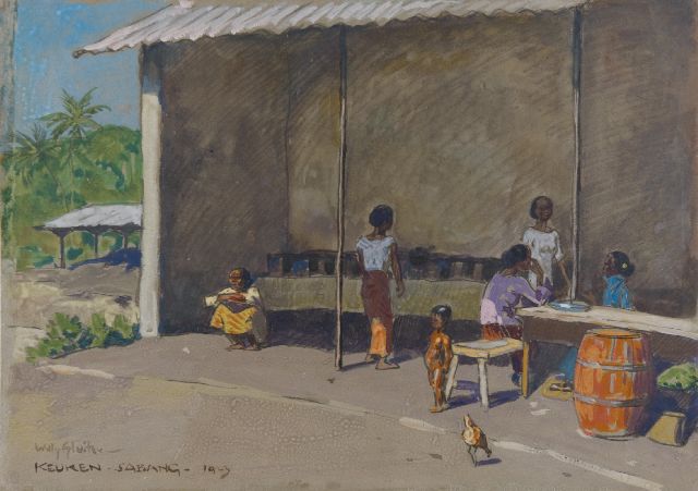 Willy Sluiter | Keuken in Sabang, Indonesië, houtskool en aquarel op papier, 23,8 x 33,2 cm, gesigneerd l.o. en gedateerd 1923
