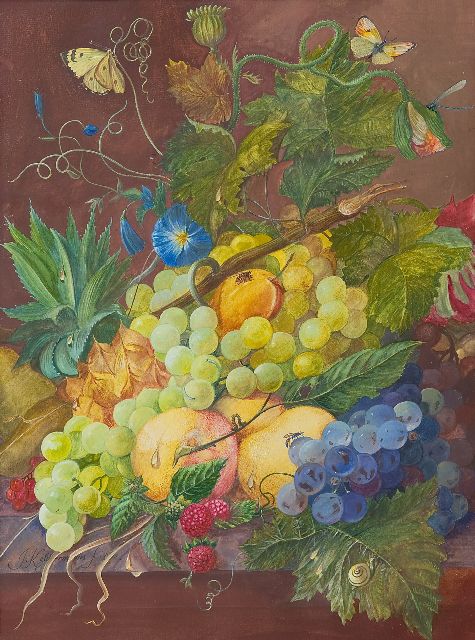 J. Keldermans | Stilleven met bloemen en fruit, gouache op papier, 43,2 x 32,0 cm, gesigneerd l.o. en gedateerd 18(?)2