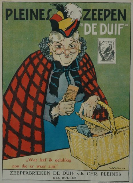 Willy Sluiter | Poster 'Pleines zeepen 'De Duif'. Wat leef ik gelukkig nou die er weer zijn!', kleurenlitho poster (op linnen), 95,7 x 69,1 cm, gesigneerd r.o. in de steen