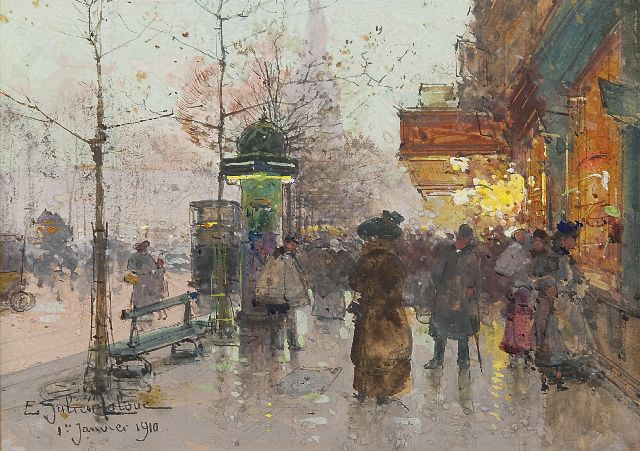 Eugène Galien-Laloue | Een Grand Boulevard in Parijs op Nieuwjaarsdag, aquarel en gouache op papier, 13,2 x 18,2 cm, gesigneerd l.o. en gedateerd 1 Janvier 1910