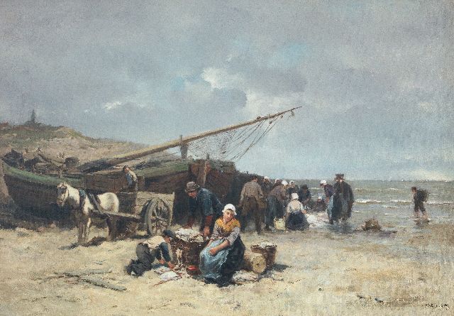 Johannes Marius ten Kate | Visafslag op het strand van Scheveningen, olieverf op doek, 50,5 x 73,5 cm, gesigneerd r.o.