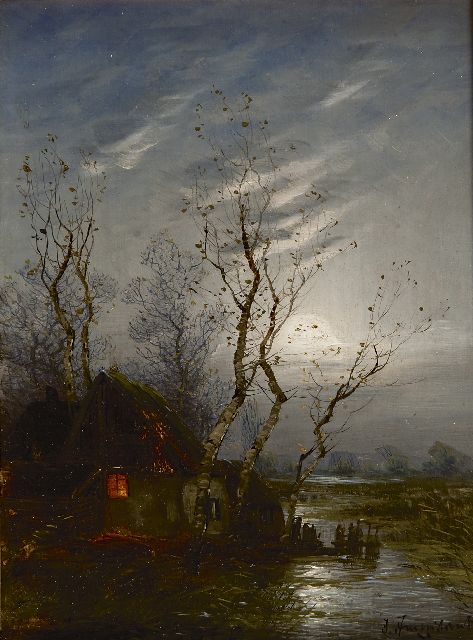Johann Jungblut | Polderboerderij bij maanlicht, olieverf op paneel, 24,0 x 17,7 cm, gesigneerd r.o.