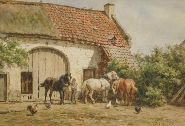Willem Carel Nakken | Het optuigen van de paarden, Limburg, krijt en aquarel op papier, 37,5 x 54,5 cm, gesigneerd r.o.