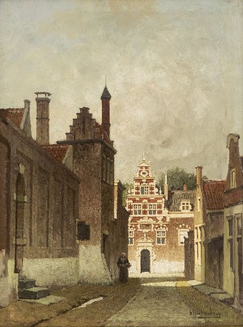 Karel Klinkenberg | Zomers straatje (mogelijk Delft), olieverf op paneel, 33,0 x 24,7 cm, gesigneerd r.o.