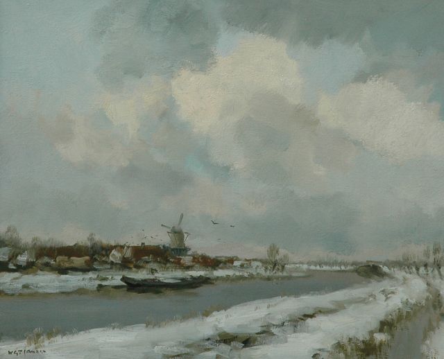 Willem George Frederik Jansen | Winterse poldervaart met molen, olieverf op doek, 50,0 x 60,2 cm, gesigneerd l.o.