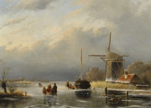 Cornelis Petrus 't Hoen | Winterlandschap met schaatsers bij een molen, olieverf op paneel, 32,0 x 43,5 cm, gesigneerd l.o. en gedateerd 1846