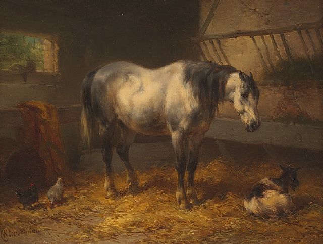 Wouterus Verschuur | Rustend paard in een stal, olieverf op paneel, 15,1 x 20,5 cm, gesigneerd l.o.