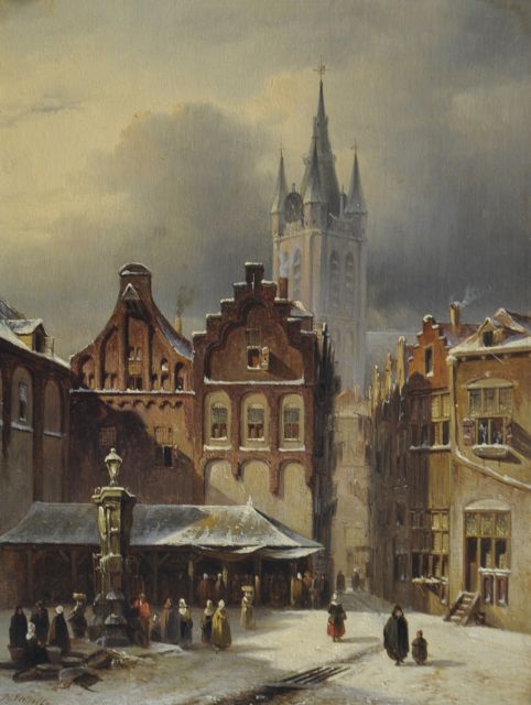 Petrus Gerardus Vertin | Winters stadsgezicht met de Oude Kerk van Delft, olieverf op paneel, 24,8 x 18,9 cm, gesigneerd l.o. en gedateerd '47