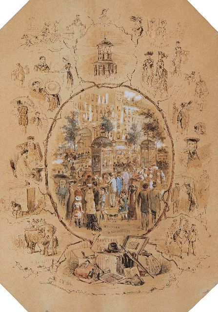 Franse School | Souvenirs de Paris, inkt, aquarel en gouache op papier, 37,7 x 26,4 cm, gesigneerd l.o. met initialen 'C.R.s' en gedateerd 1881