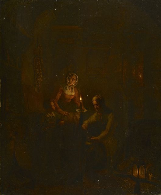 Gillis Haanen | Wijn tappen bij kaarslicht, olieverf op paneel, 58,1 x 47,7 cm, gesigneerd r.o. en gedateerd 1837