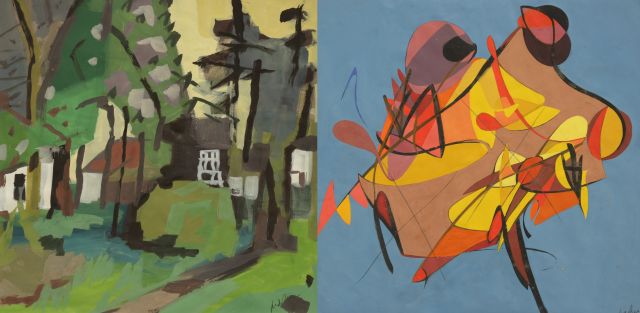 Jan van der Zee | Erf met bomen; verso: Compositie, aquarel en gouache op papier, 56,0 x 56,0 cm, gesigneerd r.o. recto en verso en te dateren jaren '50, verso ca. 1965-1968