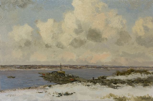 Willem George Frederik Jansen | Overzetveer in de winter, olieverf op doek, 60,5 x 90,5 cm, gesigneerd l.o.