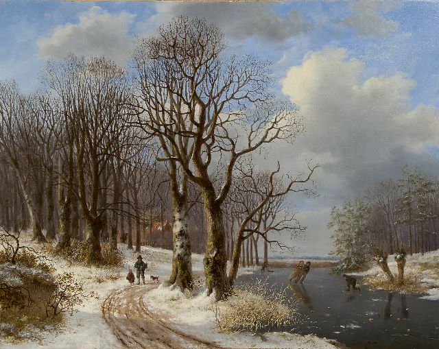 Everardus Mirani | Winterlandschap met schaatsers en wandelaars, olieverf op doek, 55,7 x 72,5 cm