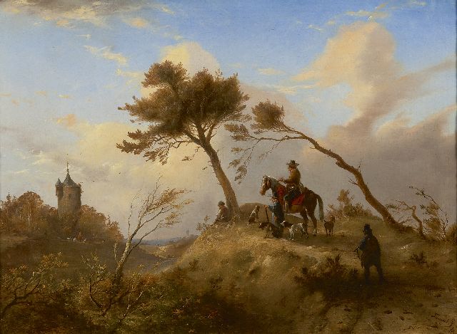 Johannes Tavenraat | Jachtgezelschap in heuvellandschap, olieverf op doek, 42,5 x 57,5 cm, gesigneerd r.o. en gedateerd 1845