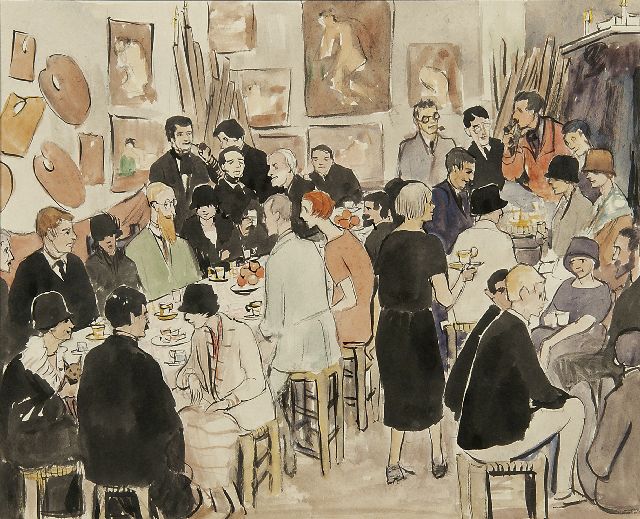 Leese G.  | Le Fauconnier, party in de Académie de la Palette (incl. tekening voorstellend Le Fauconnier), aquarel op papier 25,0 x 29,9 cm