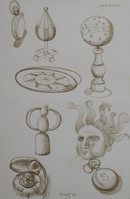 Herman Berserik | Zonnewijzers en horloges, pen en sepia op papier, 23,7 x 15,8 cm, gesigneerd r.b. en gedateerd 16 aug '66