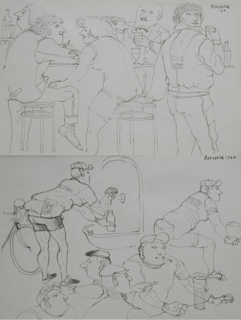 Herman Berserik | Aan de bar; verso: Wielrenners aan de bar, pen en inkt op papier, 15,8 x 23,7 cm, gesigneerd r.b. en beide gedateerd 1966