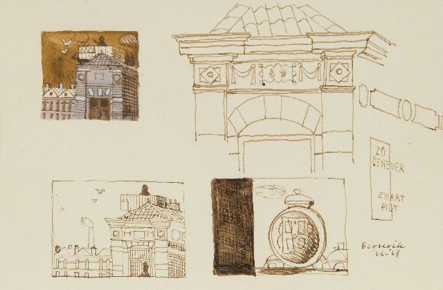Herman Berserik | Stadsbeelden, pen en sepia en aquarel op papier, 15,8 x 23,7 cm, gesigneerd r.o. en gedateerd '66-'67