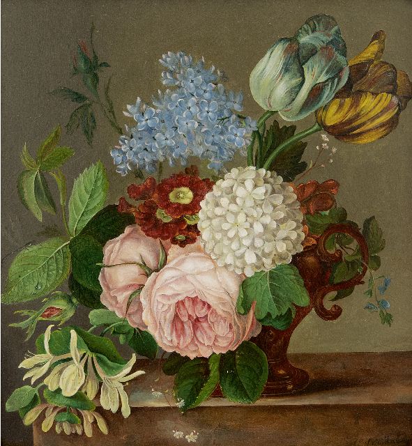 Johan van Hulstijn | Bloemstilleven met rozen, tulpen, primula's en andere bloemen, olieverf op paneel, 29,3 x 26,9 cm, gesigneerd r.o.