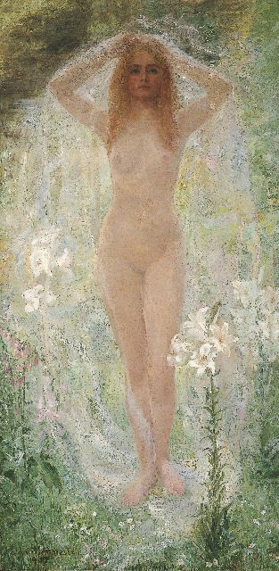 Louise Alice Andrine van Blommestein | Staand naakt met witte lelies, olieverf op doek, 160,7 x 80,3 cm, gesigneerd l.o. en gedateerd 1907